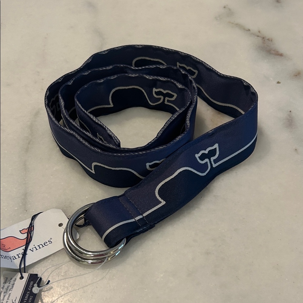Vineyard Vines Navy Whale-Print Webbing Belt with Silver D-Rings-size large